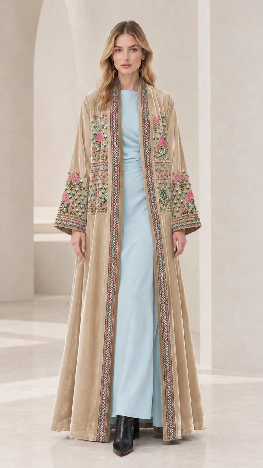 Front view of Champagne Beige embroidered velvet maxi open-front kimono