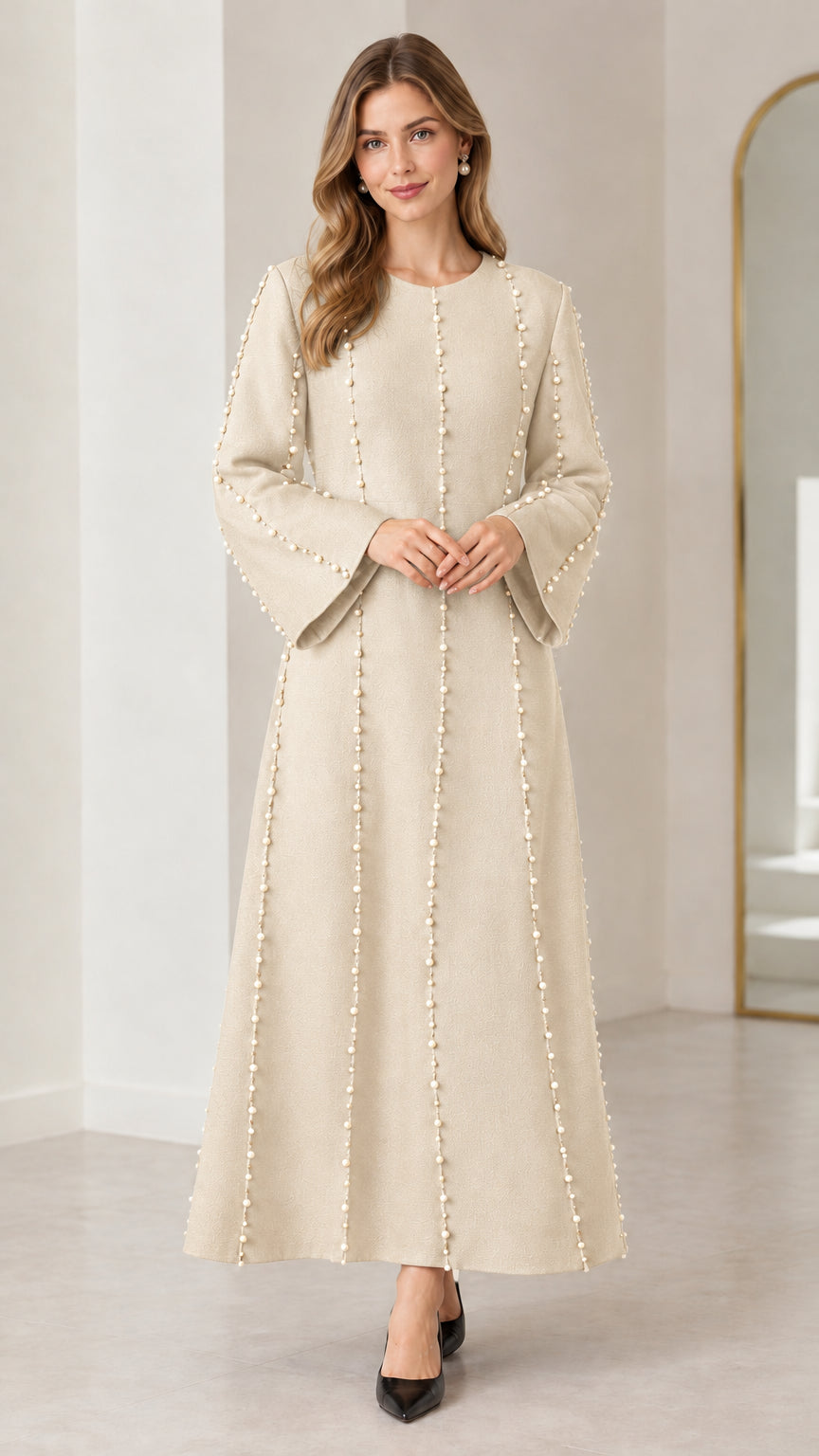 Beige cream long sleeve pearl beaded evening maxi dress