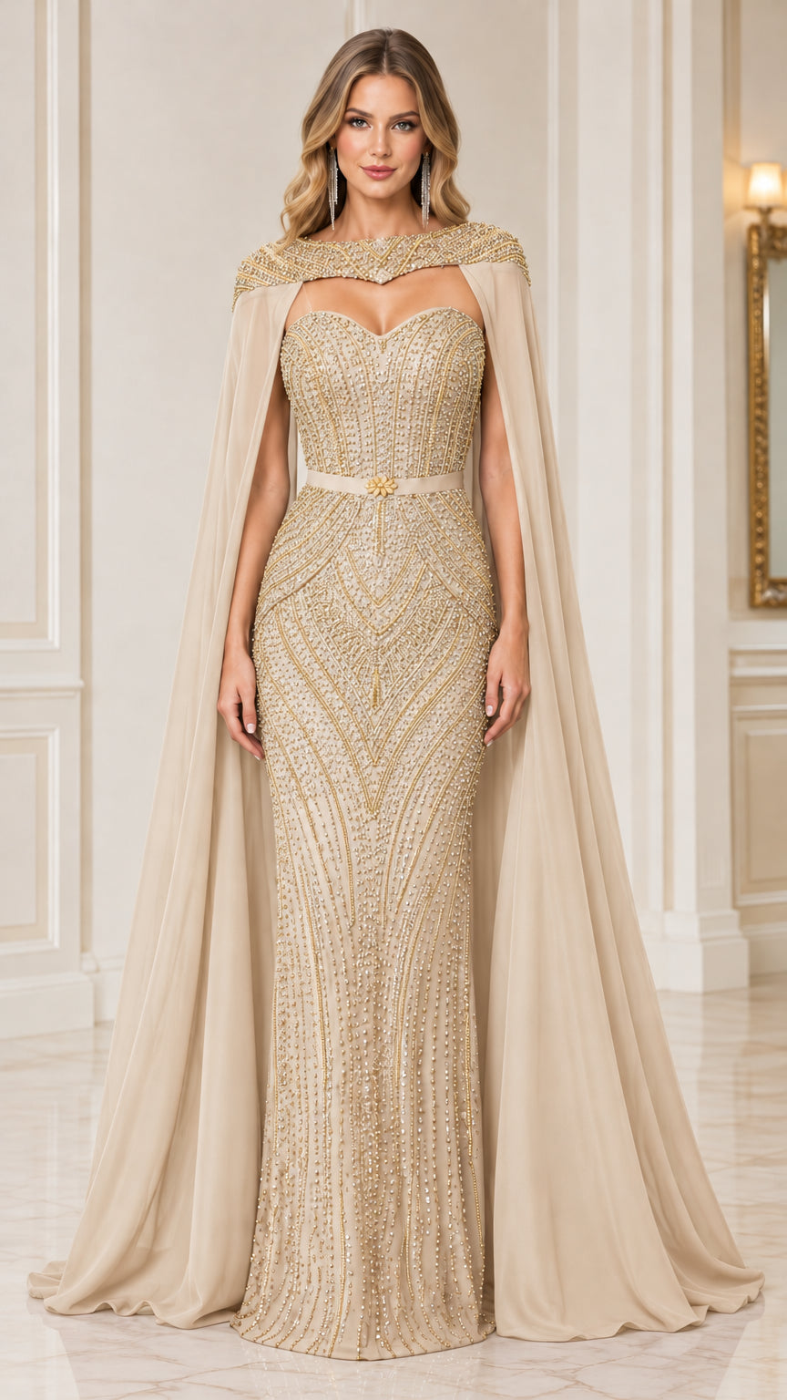 Champagne gold embellished sweetheart evening gown with sheer cape