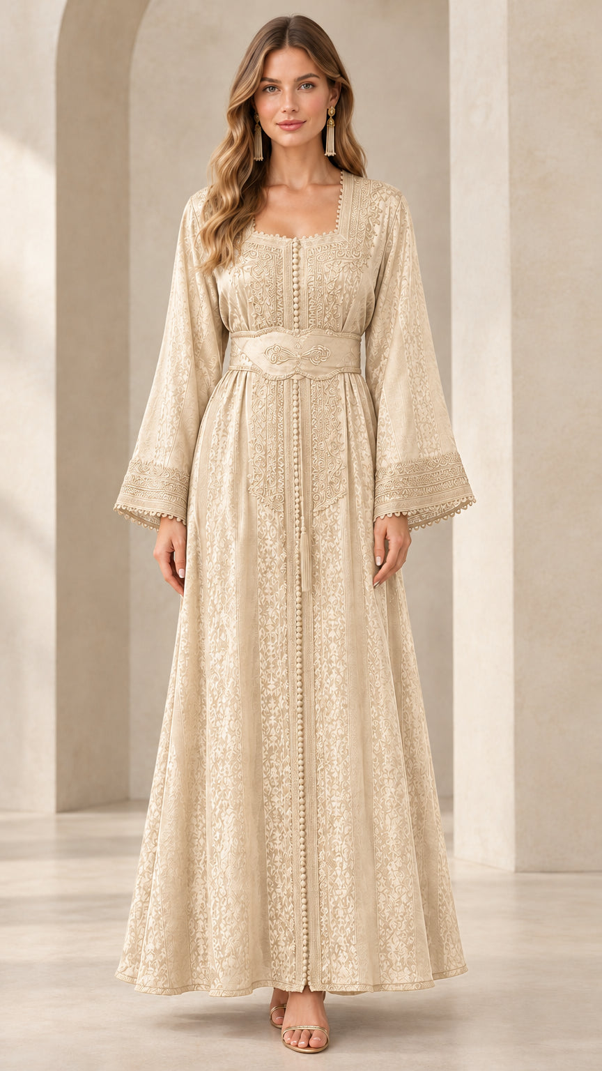 Champagne beige embroidered long sleeve formal kaftan maxi dress