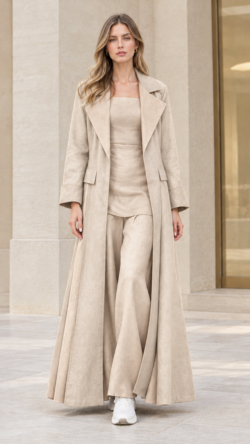 Front view of model wearing elegant beige oatmeal longline flared coat